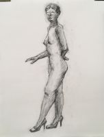 むらかみさん 全体は割とまとまったが、奥の手が太い。立体のフォルムをとることにもっと時間をかける。形に時間をかけすぎなので、2ポーズ目の半ばには形を確定して残りは立体をだす。足は良くなった。向こうにいっいる。